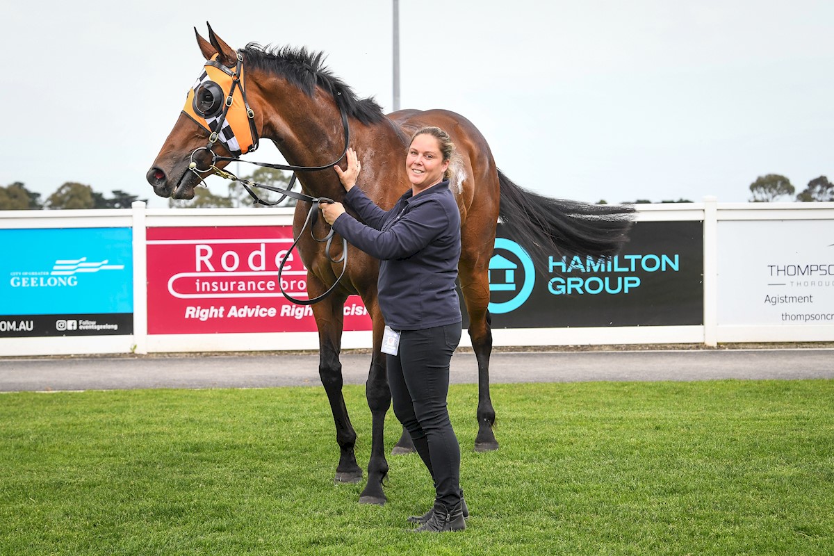 Angel Rock with Danielle Sullivan after winning the Ritchie Bros Auctioneers Fillies and Mares BM58 Hcp, at Geelong Racecourse on November 23, 2021 in Geelong, Australia.(Reg Ryan/Racing Photos)