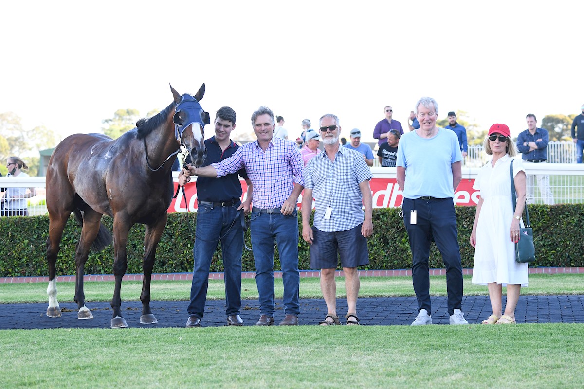 Connections of The Stager after winning the Ladbrokes Same Race Multi Handicap at Ladbrokes Park Hillside Racecourse on January 05, 2022 in Springvale, Australia. (Pat Scala/Racing Photos)